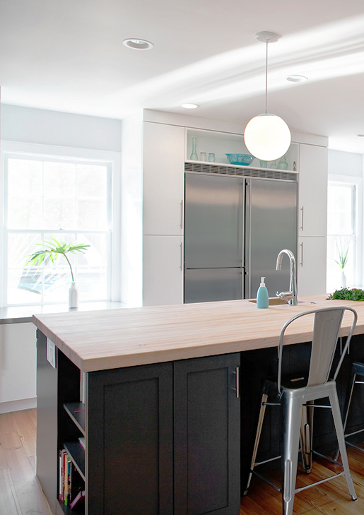 Gray kitchen cabinets with wood